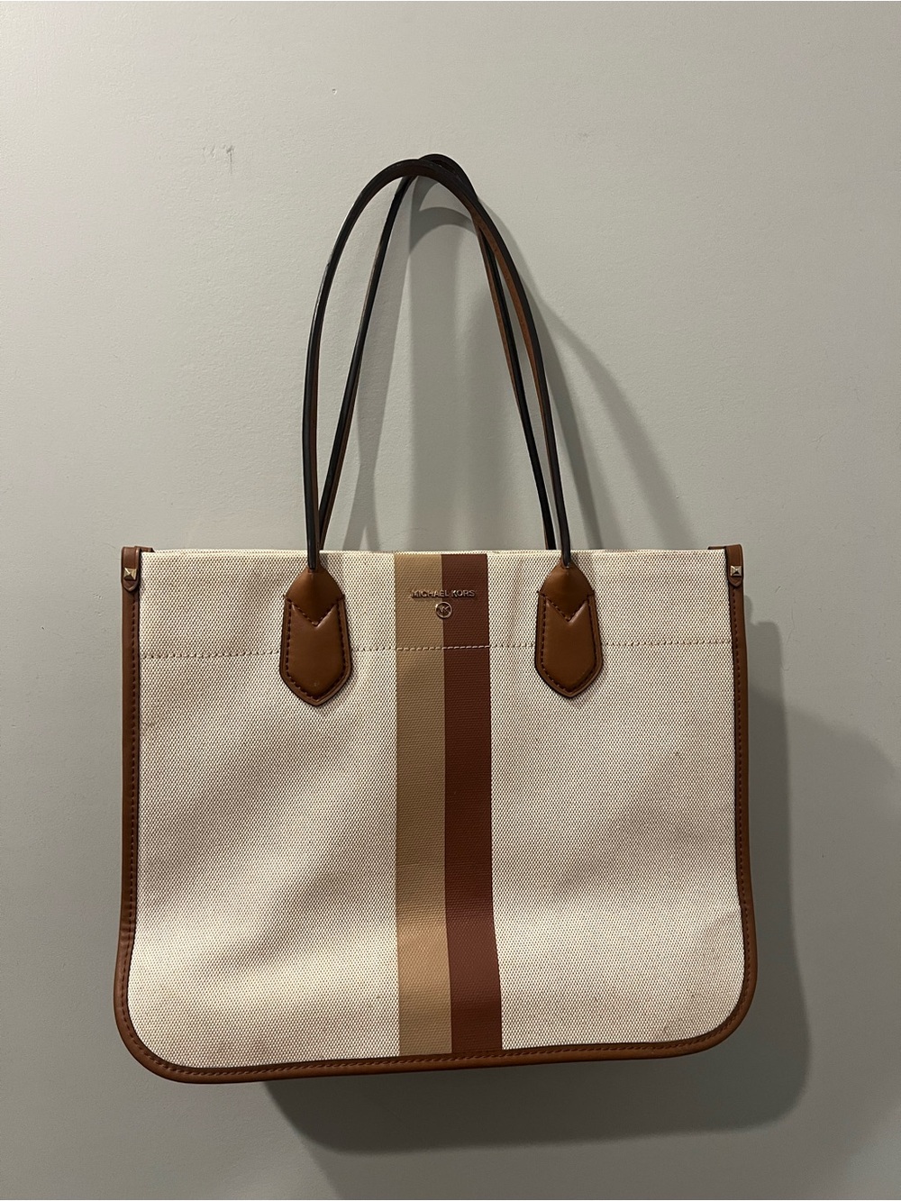 Michael Kors Cream Canvas Tote with Brown & Tan Center Stripe